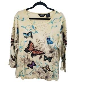 Take Two Bitterfly Print Knit Top Womens Size XL Rhinestone 3/4 Sleeve Words